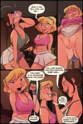 1futa 1girls 2d 4koma agent_red_girl blonde_female blonde_hair blue_headband breast_size_difference brown_hair brunette_futa candy_cane_(jmoz) cheating dialogue english_dialogue english_text erection female futa_on_female futanari hair_length_difference hairband human human_only intersex jmoz jmoz_comix large_breasts light-skinned_female light-skinned_futa light-skinned_futanari light_skin medium_breasts midriff midriff_baring_shirt navel neck_length_hair ponytail short_hair sniffing_clothes sniffing_panties sniffing_underwear text