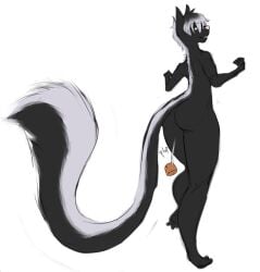 2019 anthro ass black_body black_fur cork dreamworks female fur long_tail looking_back mammal mephitid multicolored_tail necrothant nude onomatopoeia over_the_hedge simple_background skunk solo sound_effects standing stella_(over_the_hedge) tail text