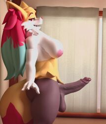 2025 3d_(artwork) 4_fingers anthro areola balls big_breasts big_penis black_body black_fur black_penis blender_(artwork) braixen breasts digital_media_(artwork) eyebrows fingers fur generation_6_pokemon genitals gynomorph hi_res inner_ear_fluff inside intersex looking_at_viewer maru_chan237_(modeler) nintendo nipples nude open_mouth penis pokemon pokemon_(species) red_eyes seraphine_(maru_chan237) seraphine_(roflfox) sneakyphox solo standing teeth tuft white_body white_fur yellow_body yellow_fur