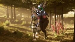 anthro barely_visible_genitalia barely_visible_pussy big_breasts breasts clothed clothed/nude clothing curvy_figure duo female forest genitals hand_on_hip hi_res huge_breasts machine nipple_piercing nipples nude outside ozias_(protogen) piercing plant poscaan protogen pussy smile tree