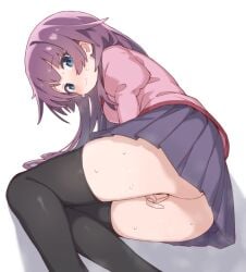 aku0 ass between_legs black_thighhighs blue_eyes blush character_request copyright_request female hand_between_legs highres jacket long_hair lying pink_jacket purple_hair purple_skirt simple_background skirt sweat thighhighs white_background