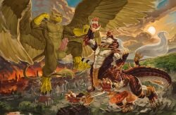 4_toes 5_fingers 5_toes abs anthro apode avian balls barefoot biceps brown_body brown_eyes brown_feathers building building_destruction burning burning_building carpo city city_background city_destruction cityscape claws crush destruction draconcopode duo elkaart erection extreme_size_difference feathered_wings feathers feet fingers genitals gryphon hi_res humanoid_genitalia humanoid_penis jewelry landscape_dwarfing legless macro macro_anthro macro_male macro_taur male muscular muscular_anthro muscular_male mythological_avian mythological_creature mythology naga nude open_mouth orange_penis outside pawpads paws pecs penis ph'ya_(pyronite) pyronite(commissioner) rampage scaled_penis serpentine size_difference sky smile stomping sunset tail taur teeth toes vein veiny_penis wings