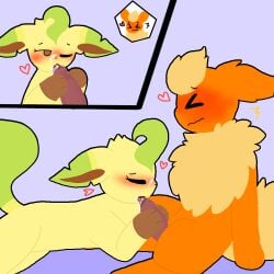 cum_in_mouth cum_on_face eeveelution_squad esleafy female flare_(eeveelution_squad) flareon leaf_(eeveelution_squad) leafeon leafy_green_ licking_tip male male/female nintendo penis pokemon_(species)