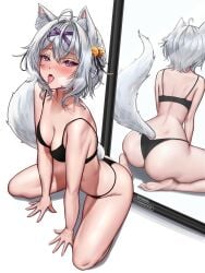 ahoge animal_ear_fluff animal_ears antenna_hair ass back bangs bare_legs bare_shoulders barefoot black_bra black_panties blush bra breasts cleavage collarbone eyebrows_visible_through_hair female filian_(vtuber) hair_between_eyes hair_intakes hair_ornament highleg highleg_panties looking_at_viewer multiple_views navel open_mouth panties purple_eyes saliva short_hair silver_hair sitting string_panties tagme tail thighs thong tongue tongue_out underwear wariza