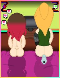 2girls ass bete_noire betty_noire brown_hair dildo glitchtale long_hair naked nude pixel pixel_(artwork) pixel_art red_hair tv yellow_hair z!betty zixy