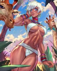 abs african african_female armlet bangs blue_eyes capcom dark-skinned_female earrings elena_(street_fighter) eyelashes giraffe looking_at_viewer midriff navel neck_ring reiq revealing_clothes skimpy_clothes smiling street_fighter sunset thighs underboob voluptuous white_hair