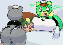 animal_crossing ass bear breasts charlise_(animal_crossing) erection_under_blanket female heart-shaped_pupils huge_ass huge_breasts huge_cock human klutzatdusk maid male nintendo nipple_bulge olive_(animal_crossing) penis text thick_thighs tongue_out video_games villager_(animal_crossing) wide_hips