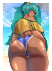 1girls ass back_view big_ass big_breasts big_thighs brazil brazilian brazilian_female brazilian_miku breasts cyan_eyes cyan_hair female female_only hatsune_miku huge_ass huge_breasts huge_thighs latin_american_hatsune_miku_(meme) lifted_shirt lifting_shirt long_hair looking_at_viewer mr_jaibas shirt shorts solo tan tan_body thick_hips thick_thighs thighs thong twintails vocaloid yellow_shirt