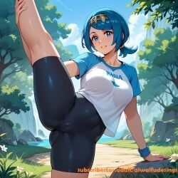ai_generated bike_shorts blue_eyes blue_hair lana's_mother_(pokemon) legs_up looking_at_viewer milf pokemon shirt smile smiling_at_viewer solo subscribestar_username