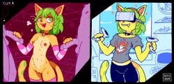 anthro boki_lamira breasts copy_kitty domestic_cat double_handjob drooling felid feline felis female genitals group half-erect handjob hi_res male male/female mammal multi_nipple navel nipples penile penis sex smile stu_(artist) trio virtual_reality vr_headset