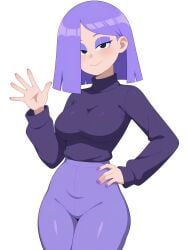 ai_generated at background bra breasts clothed clothing duolingo emo female fingernails focus fully girl hair hips human light light-skinned lily_(duolingo) looking medium only pants purple skin slim small smartphone solo teasing thin turtleneck viewer waist white wide yoga