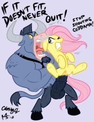 anal anal_sex bovine bull english_text equine facial_piercing fluttershy_(mlp) friendship_is_magic iron_will_(mlp) minotaur my_little_pony nose_piercing pegasus penetration penis piercing smooth_skin text wings