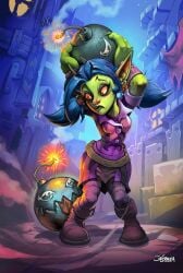 blizzard_entertainment blue_hair blue_hair_female bomb bomb_squad bomb_squad_(hearthstone) goblin goblin_(warcraft) goblin_female green_body green_skin green_skinned_female hearthstone official_art warcraft world_of_warcraft