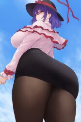 1girls ass back_view big_breasts breasts clothed_female female hat iku_nagae light-skinned_female low-angle_view moriforest1040 nipple_bulge purple_hair red_eyes skirt sky solo solo_female thighhighs touhou