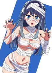 bandaged_arm bandaged_head bandaged_leg bandaged_torso bandages bare_shoulders black_nails blue_background blue_eyes blue_hair blush breasts claw_pose costume dutch_angle embarrassed eyelashes female halloween halloween_costume hands_up highres kurokawa_akane leaning_forward long_hair looking_at_viewer loose_bandages medium_breasts midriff mummy mummy_costume nail_polish navel open_mouth oshi_no_ko rectangle riokasen riokasen solo standing w_arms white_background