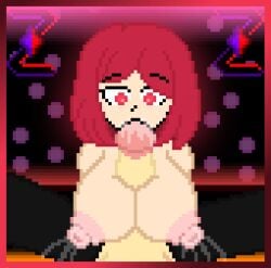 bete_noire betty_noire big_breasts big_nipples black_background glitchtale nipples penis pink_background pixel pixel_(artwork) pixel_art red_background red_hair short_hair sucking_penis z!betty zixy