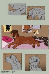alternate_universe bed canid canine canis comic digital_media_(artwork) domestic_dog drugged drugging drugs duo english_text eyebrow_piercing facial_piercing facial_scar feral fur furniture hair hi_res male male/male mammal on_bed piercing poster puppyratcat scar simple_background speech_bubble substance_intoxication text