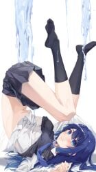 black_skirt black_socks black_sweater_vest blue_eyes blue_hair blue_necktie breasts closed_mouth collared_shirt commentary dress_shirt female hair_between_eyes hashtag-only_commentary highres kneehighs kurokawa_akane long_hair long_sleeves looking_at_viewer mame_(hyeon5117) medium_breasts midriff navel necktie no_shoes oshi_no_ko pleated_skirt school_uniform shirt sidelocks skirt socks solo sweater_vest upside-down white_background white_shirt