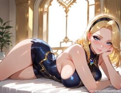 ai_generated ass ass big_ass big_breasts big_breasts big_butt black_eyeshadow blonde_hair blue_eyes breasts breasts hairband headband huge_ass huge_boobs huge_breasts huge_butt kaistar large_ass large_boobs large_breasts large_butt league_of_legends looking_at_viewer luxanna_crownguard lying lying_down lying_on_bed lying_on_stomach patreon smile smiling smiling_at_viewer white_fingernails white_nails