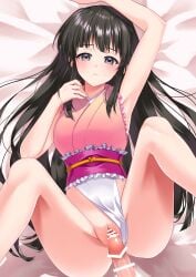 1boy absurdres anus armpits ass bar_censor bed beni8h black_eyes black_hair breasts censored closed_mouth clothing_aside commission erection female frilled_leotard frills from_above highres hime_cut houraisan_kaguya leotard leotard_aside long_hair looking_at_viewer lying male medium_breasts on_back penis pink_leotard pixiv_commission pussy solo_focus spread_legs spread_pussy touhou touhou_tag_dream wrestling_outfit