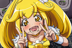 bathroom blonde_hair blush clothing condom cum cum_in_mouth cure_peace female gokkun heart heart-shaped_pupils long_hair looking_at_viewer magical_girl pov precure pretty_cure pubic_hair pubic_hair_in_mouth raikoh raikoh_(artist) smile_precure solo stray_pubic_hair symbol-shaped_pupils toilet used_condom v wristband yayoi_kise yellow_eyes