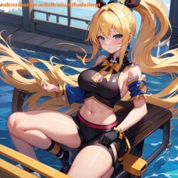 ai_generated bike_shorts blonde_hair blue_eyes blush earrings female ponytail shirt solo solo_female subscribestar_username water