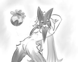anthro female generation_9_pokemon genitals herculesart hi_res looking_at_viewer meowscarada nintendo no_color pokemon pokemon_(species) pose pussy solo