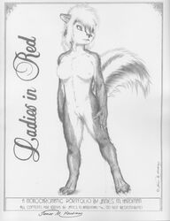 anthro black_and_white breasts english_text female james_m_hardiman lori_(jmh) monochrome nude pussy skunk solo standing text