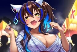 ai_generated animal_ears cleavage daitaku_helios_(umamusume) female gyaru hair_pin horse_girl two_tone_hair umamusume umamusume_pretty_derby yukata