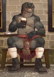 absurd_res alcohol anthro balls banana_da_boi beer bench beverage bodily_fluids bottomwear claws clothing crocodilian digital_drawing_(artwork) digital_media_(artwork) dripping finger_claws footwear foreskin genital_fluids genitals glans hi_res kilt male navel nipples penis precum precum_drip reptile scalie shoes sitting socks solo teeth