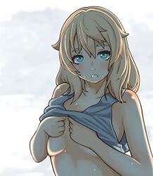 1girls blonde_hair blue_eyes breasts bridget female guilty_gear guilty_gear_strive lifting_shirt light-skinned_female light_skin small_breasts sugag trans_woman transfem