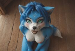 ai_generated anthro anthro_on_human anthropomorphic beautiful bedroom big_breasts breasts breeding_request cum_in_mouth cum_inside cum_on_breasts cum_on_face cumshot female fluffy_tail fox fur furry furry_female furry_only green_eyes in_heat inviting_to_sex krystal krystal_(star_fox) looking_at_viewer on_knees seductive seductive_look seductive_smile sexy sexy_body sexy_pose tits_out wet_pussy