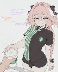 1boy 2boys ai_assisted astolfo_(fate) astolfo_(fate/apocrypha) astolfo_(saber)_(fate) bangs black_bow black_shirt blush bow braid brand_name_imitation bulge closed_mouth coffee collared_shirt cup employee_uniform english_text erection erection_under_clothes fang_out fate/apocrypha fate/grand_order fate_(series) grey_background hair_between_eyes hair_intakes hair_ribbon hairbow holding long_braid long_hair looking_at_viewer male_focus meme multicolored_hair multiple_boys oerba_yun_fang otoko_no_ko pink_hair pov purple_eyes ribbon shirt short_sleeves shorts simple_background single_braid skin_fang smile solo_focus sondu streaked_hair striped striped_shirt uniform white_hair yaoi