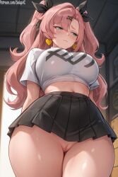 1girls ai_generated big_breasts female female_only from_below green_eyes hair_ornament half-closed_eyes long_hair looking_away midriff miniskirt mostly_clothed nicole_demara no_panties patreon pink_hair pussy salupai showing_pussy shy skirt solo_female t-shirt thick thick_ass thick_thighs tight_clothing twintails uncensored watermark zenless_zone_zero