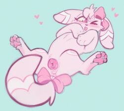 4_toes animal_genitalia animal_pussy anus blush bodily_fluids bow_ribbon canine_genitalia canine_pussy cheek_tuft digital_drawing_(artwork) digital_media_(artwork) eeveelution eyelashes facial_tuft feet female female_feral feral generation_2_pokemon genital_fluids genitals heart_mouth heart_pupils heart_symbol hi_res hybrid lying nintendo on_back one_eye_closed open_mouth pawpads pink_anus pink_body pink_eyes pink_pussy pokemon pokemon_(species) prince-vulpine pussy simple_background soles solo spread_legs spreading toes tuft umbreon vaginal_fluids wink