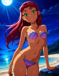 2025 ai_generated beach belly cartoon_network clouds dc_comics deviantart drawing elryusam green_eyes meta moon moonlight night night_sky not_porn orange_cheeks red_eyebrows red_hair shell_bikini starfire_(teen_titans) teen_titans tummy wet_bikini wet_body wet_skin