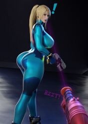 1girls 3d alert big_ass big_breasts bimbo blonde_hair blue_eyes breasts female female_focus female_only imminent_mind_control large_breasts raygun samus_aran supercasket tight_clothing voluptuous zero_suit_samus