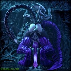 absurd_res alien alien_(franchise) anthro big_penis black_body black_penis black_skin bodily_fluids collar cum cum_inside cum_on_ground cum_while_penetrated duo feet foot_fetish foot_play footjob footjob_while_penetrating genital_fluids genitals hi_res larger_male long_penis male male/male penetration penis purple_body purple_penis purple_skin sex sharp_tail size_difference small_dom_big_sub smaller_male snakehead404 thekidxeno x3no xenomorph