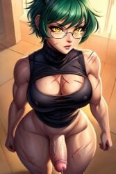 1futa abs ai_generated black_turtleneck cleavage erect futanari futanari glasses green_hair large_breasts large_penis looking_at_viewer maki maki_zenin muscular muscular_futanari pants_down penis precum precum_drip precum_string scars short_hair strong tactical_pants thong turtleneck veiny yellow_eyes zenin_maki