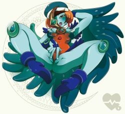 artist_logo ass blush breasts cinnamon6 crescent_moon_mask dancer_outfit duel_monster female fully_clothed green_skin hat leotard leotard_tug lunalight_emerald_bird mask pussy_almost_visible pussy_lips thong_leotard tongue_out two_tone_hair yu-gi-oh!