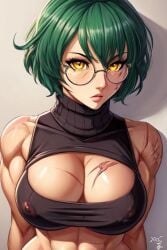 1futa abs ai_generated black_turtleneck cleavage erect futanari futanari glasses green_hair large_breasts large_penis looking_at_viewer maki maki_zenin muscular muscular_futanari pants_down penis portrait precum precum_drip precum_string scars short_hair strong tactical_pants thong tsundere turtleneck veiny yellow_eyes zenin_maki