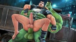 2boys 3d 3d_model anal anal_sex anal_sex belt_only blank_eyes boot censored censored_genitalia censored_penis circumcised circumcised_penis closed_eyes domredsins erect erect_cock erect_dick erect_penis erection face_paint gay gloves green_man hands_on_hips hulk hulk_(marvel_rivals) in_public looking_at_partner male male/male male_only marvel marvel_rivals no_underwear one_bare_foot pantless pubes public_place punisher punisher_(marvel_rivals) tongue_out yaoi