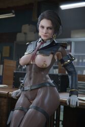 armpit_cutout armpits belt belt_buckle bodysuit breast_cutout breasts breasts_out brown_hair choker earrings female female_focus gloves jill_valentine leaning_against_object leaning_back military_uniform nipple_piercing pierced_nipples pubic_hair pussy_cutout red_tie solo solo_focus strauzek tagme thigh_strap white_gloves