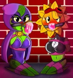anthro ball_gag bondage bondage bound bound_leg cape clothing crop_top duo electronic_arts elemental_creature eyewear female female/female flora_fauna flower flower_creature gag goggles green_shadow hi_res hood josh_rocket leaf peashooter_(pvz) plant plants_vs._zombies plants_vs._zombies_heroes popcap_games restraints rope rope_bondage rope_harness shirt solar_flare_(pvz) sunflower_(pvz) topwear
