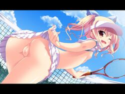 artist_request ass blonde_hair bottomless brown_eyes censored character_request cute_fang female flat_chest from_behind game_cg highres imouto_paradise! itou_life letterboxed looking_back nanase_koharu nipples no_panties outdoors pussy racket ribbon shirt_lift short_hair short_twintails skirt skirt_lift solo sportswear tennis tennis_racket tennis_uniform tied_hair twintails visor_cap wink