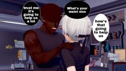 blindfold dark-skinned_male dark_skin dialogue femboy feminine_male hand_on_shoulder light-skinned_male nier:_automata size_difference soiacalmanienti wide_hips yorha_9s