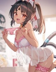 ai_generated brown_skin daytime nekomiya_mana nightgown panties_off panties_removed raaicave shoulders translucent_clothing white_nightgown zenless_zone_zero