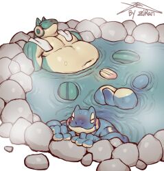 amphibian anthro ass belly big_butt blue_body brother_(lore) brothers_(lore) duo firgun_(zi_ran) froen_(zi_ran) frog genitals green_body hi_res hot_spring male overweight penis rock sibling_(lore) steam water ziran