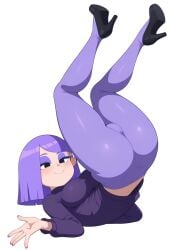 ai_generated at background breasts clothed clothing duolingo emo female fingernails focus fully girl hair hips human light light-skinned lily_(duolingo) looking medium only pants purple skin slim small smartphone solo teasing thin turtleneck viewer waist white wide yoga
