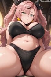 1girls ai_generated big_breasts bikini black_bikini female female_only from_below green_eyes hair_ornament long_hair looking_at_viewer midriff navel nicole_demara patreon pink_hair salupai sitting solo_female thick thick_ass thick_thighs tight_clothing twintails uncensored watermark zenless_zone_zero